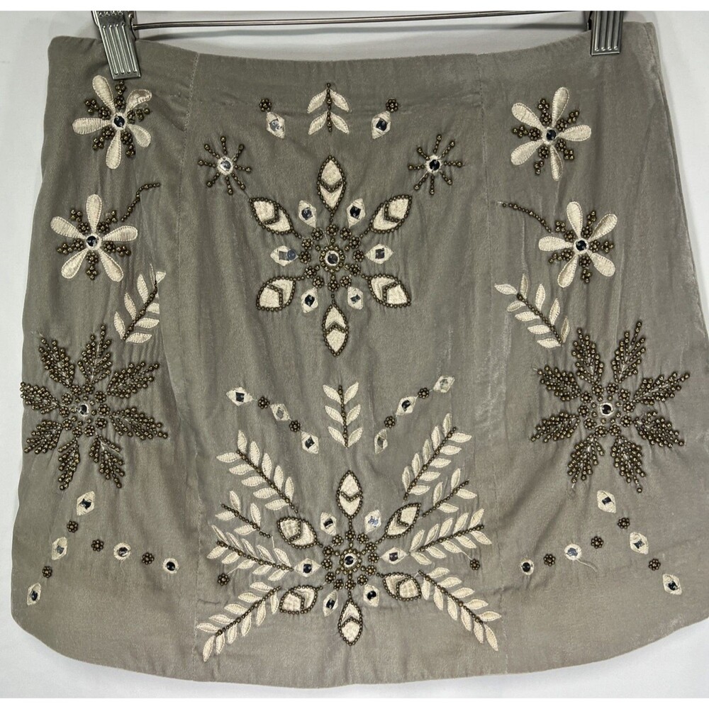 Free People Size 4 Bright Light Embroidered Sequin Beaded Gray Velvet Mini Skirt - Picture 2 of 6